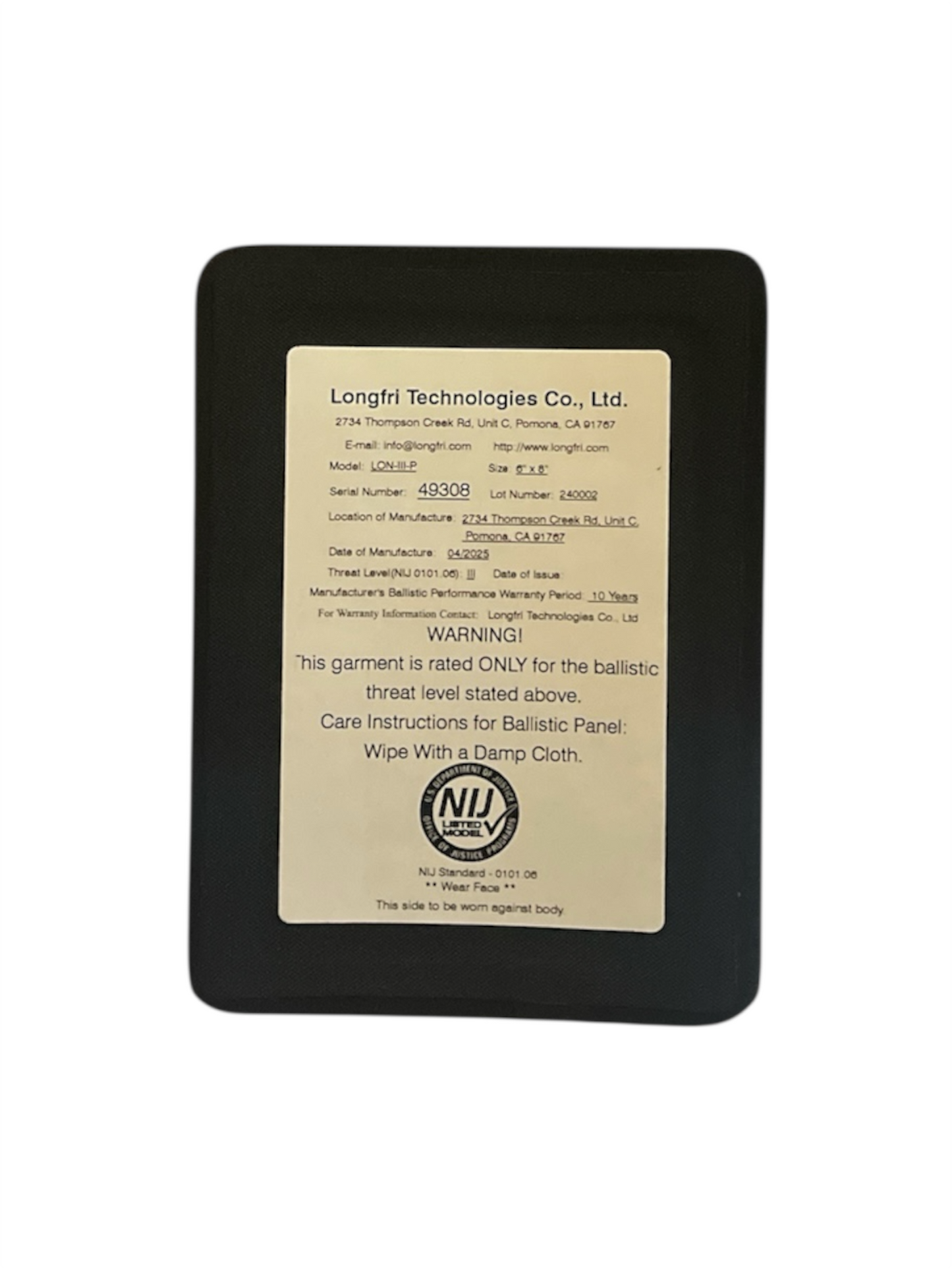 Level III NIJ Certified 6"x8" Rectangle Single Curve Hard Ballistic Plate