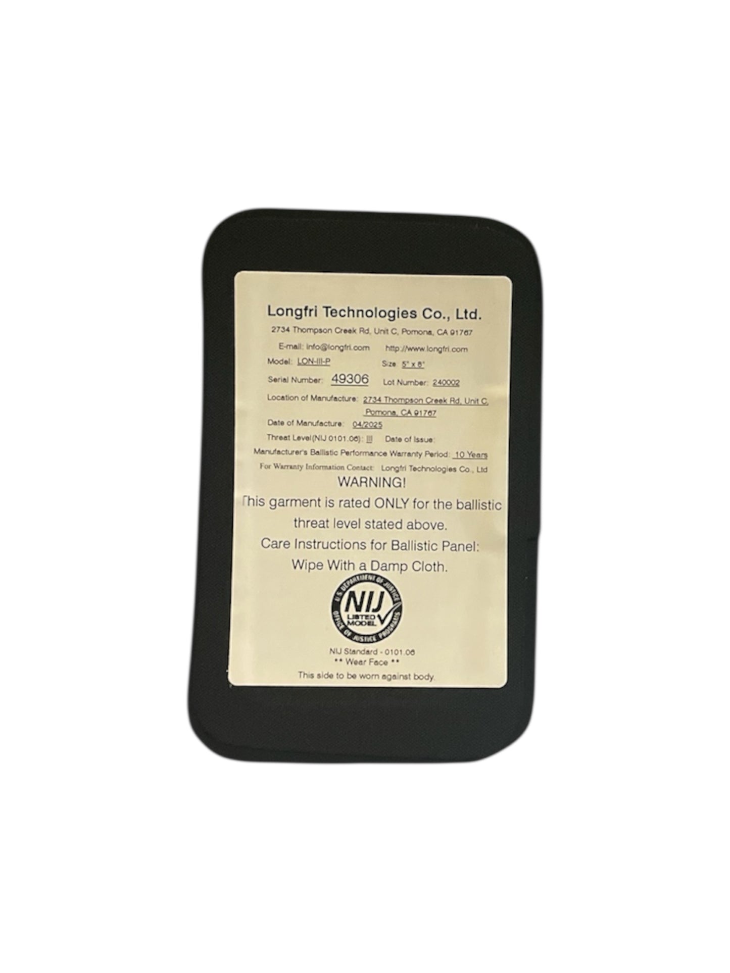 Level III NIJ Certified 5"x8" Rectangle Single Curve Hard Ballistic Plate
