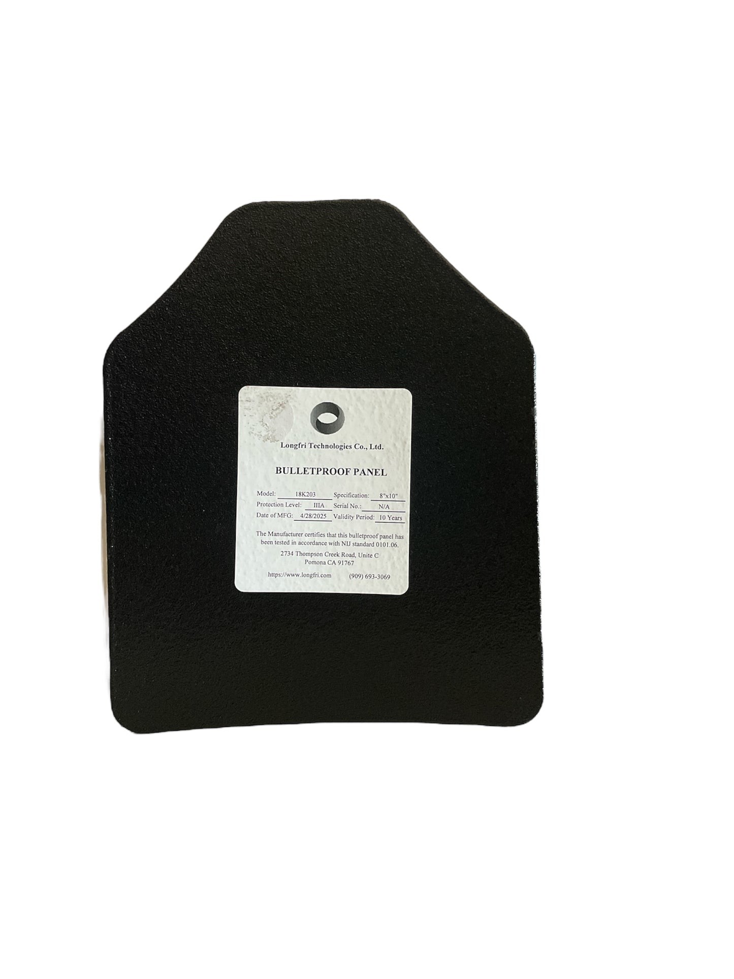 Level IIIA 8"x10" Shooter's Cut, Single Curve, Thin Ballistic Panel with Polyurea Coating