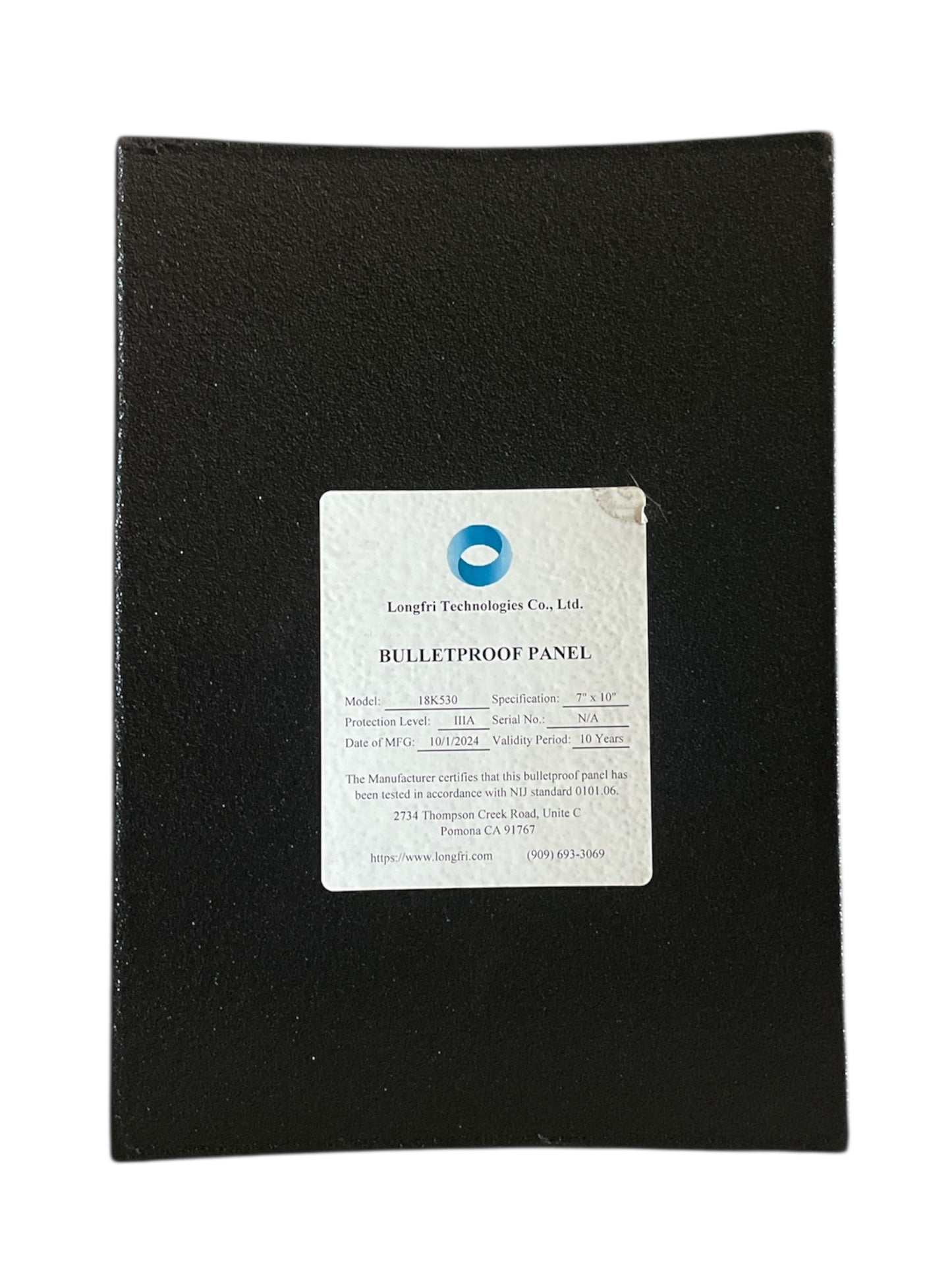 Level IIIA 7x10 Rectangular, Single Curve, Thin Ballistic Panel with Polyurea Coating