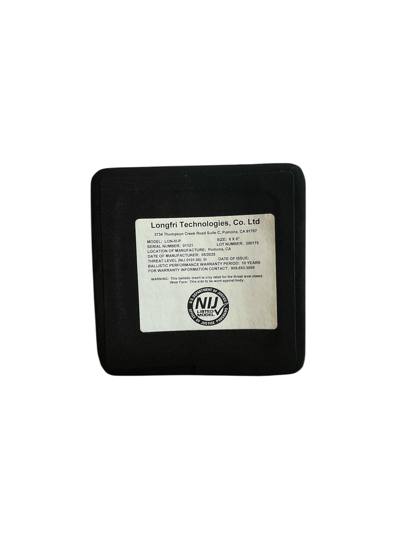 Level III NIJ Certified 6"x6" Single Curve Ballistic Plate