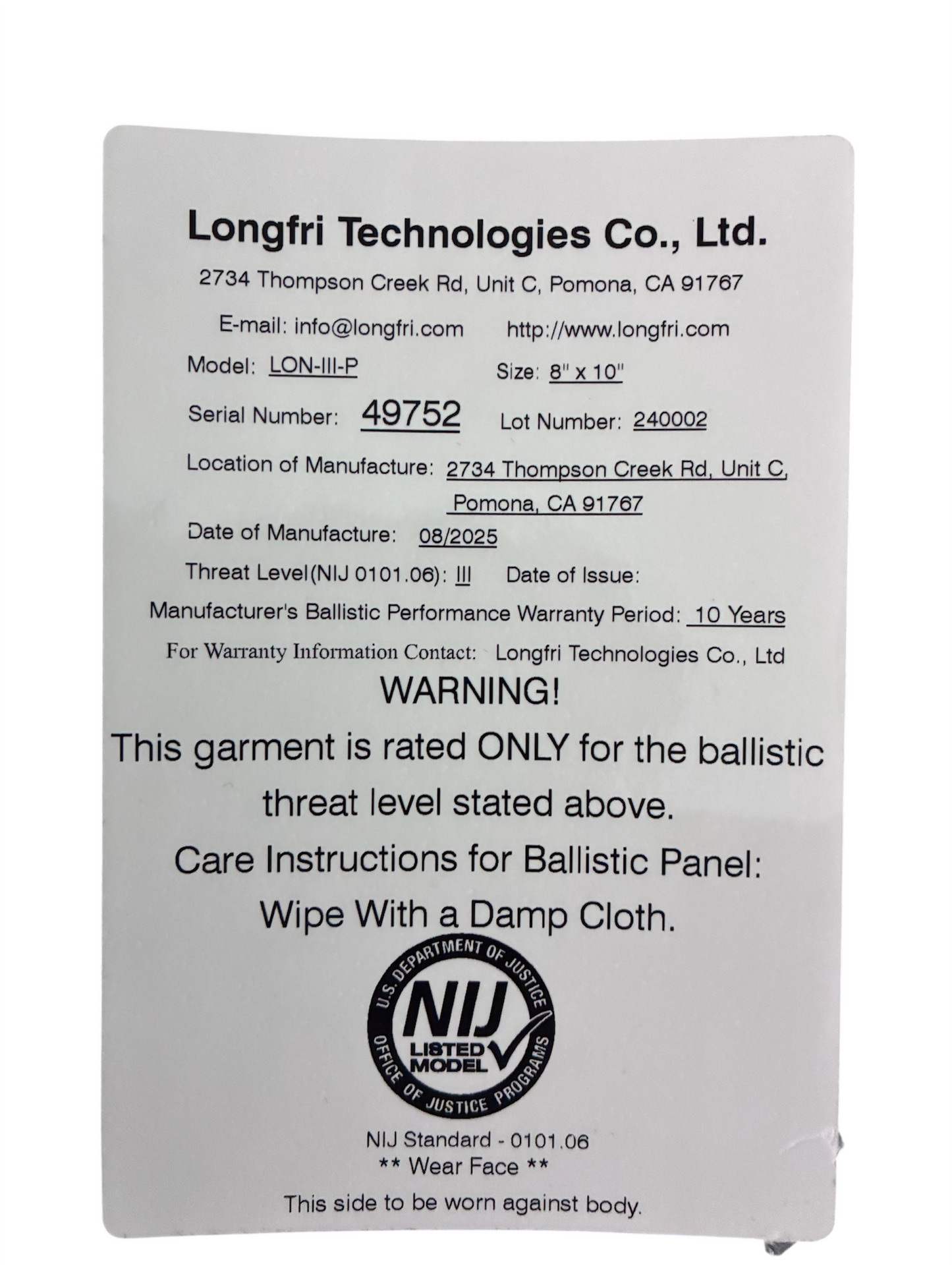 Level III NIJ Certified 8"x10" Shooter's Cut, Single Curve, Hard Ballistic Plate