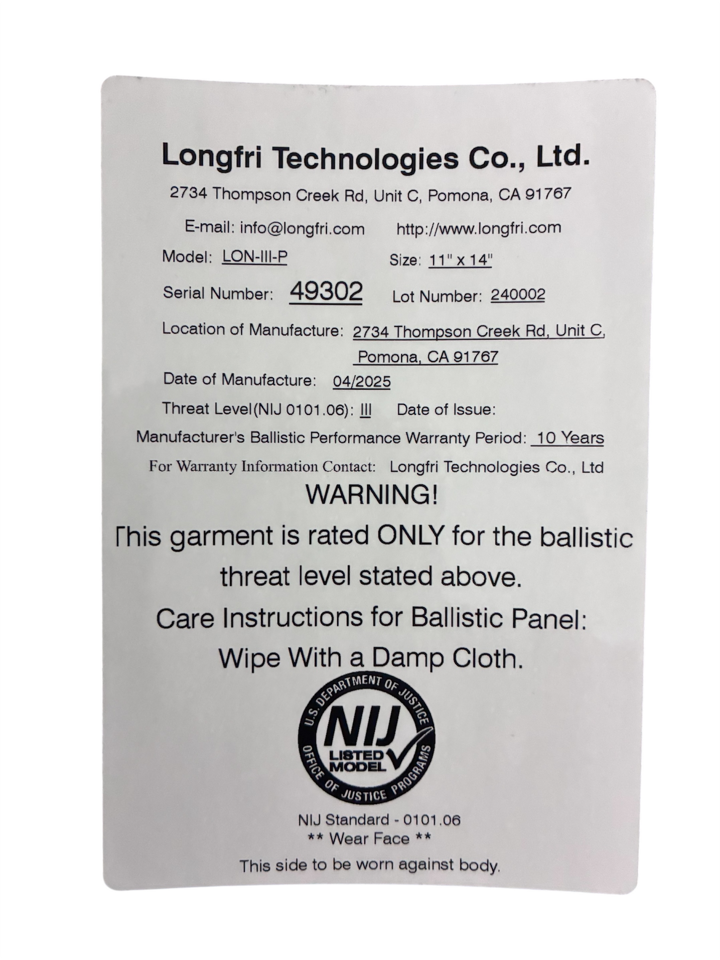 Level III NIJ Certified 11"x14" Shooter's Cut, Single Curve, Hard Ballistic Plate