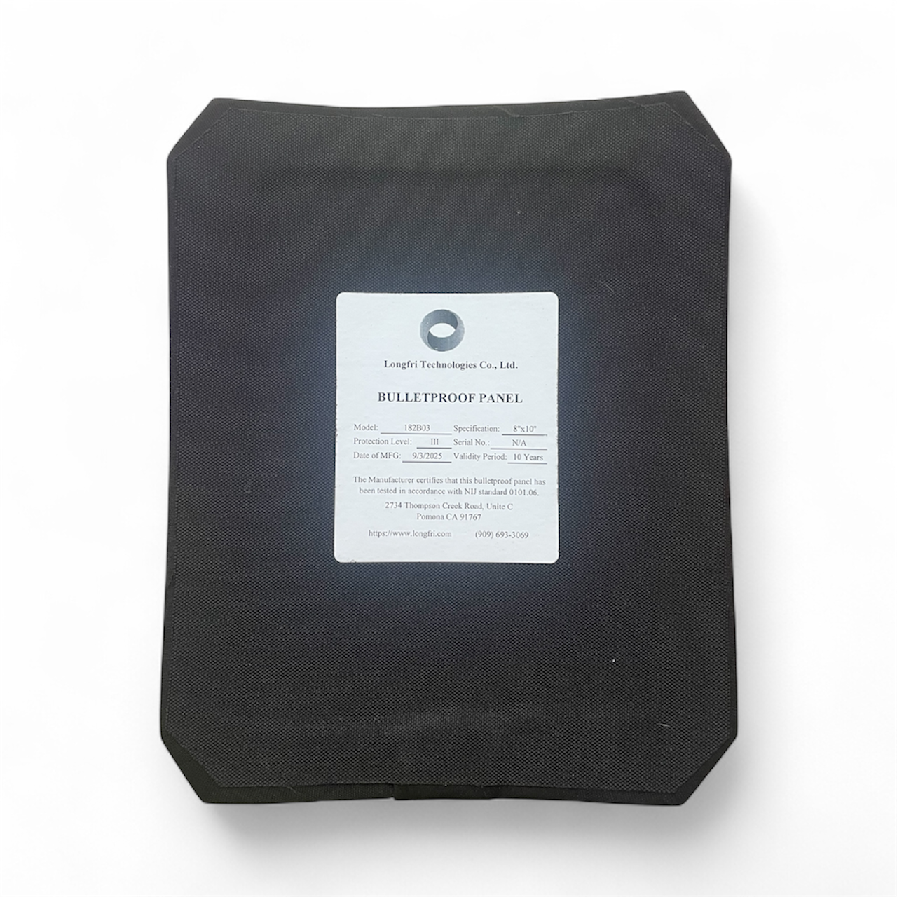 Level III 8”x10” Full Cut, Single Curve, Hard Ballistic Plate