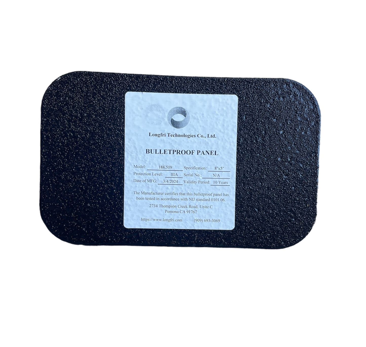 Level IIIA 8"x5" Rectangular Single Curve Hard Thin Ballistic Panel with Polyurea Coating