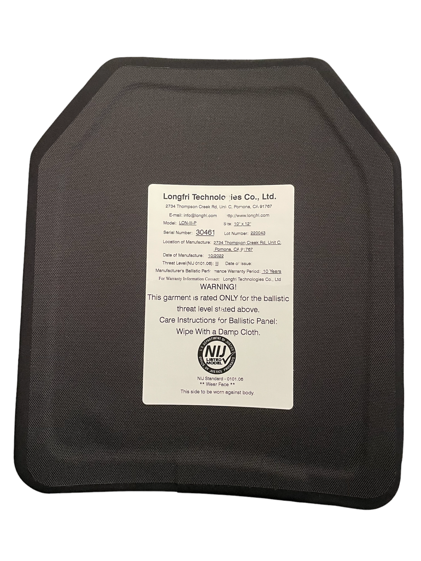 Level III NIJ Certified 10”x12” Shooter’s Cut Single Curve Hard Ballistic Plate